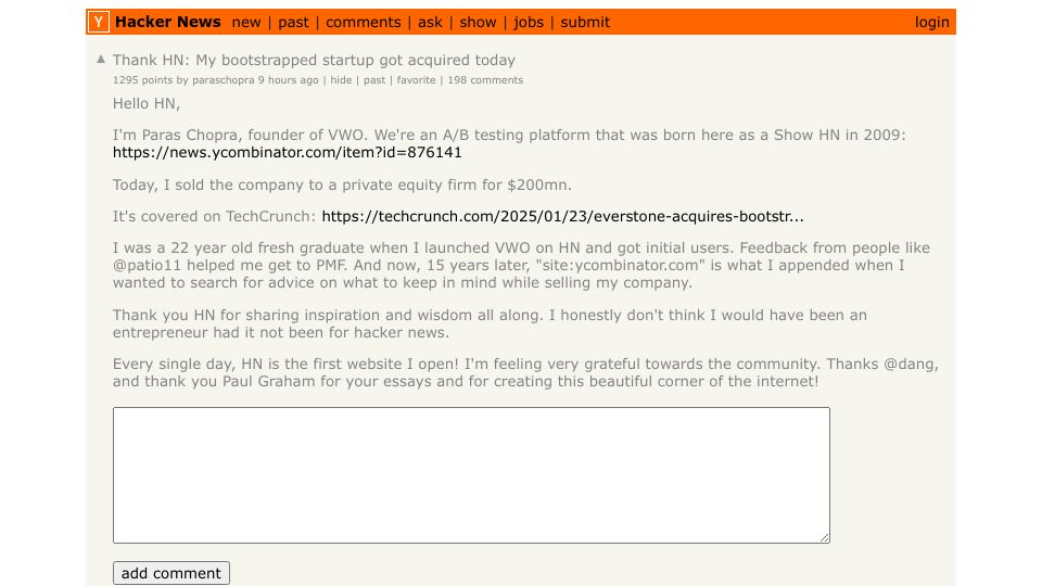 Screenshot of Hacker News post: Thank HN: My bootstrapped startup got acquired today