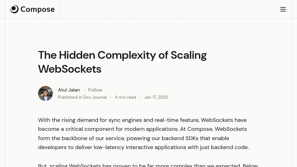 Screenshot of composehq.com: The hidden complexity of scaling WebSockets