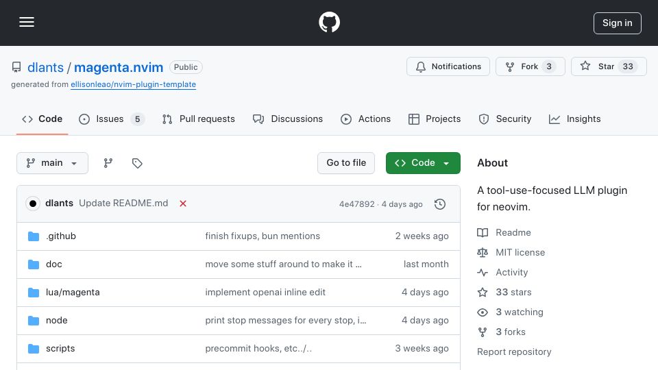 Screenshot of github.com: Show HN: Magenta.nvim – AI coding plugin for Neovim focused on tool use