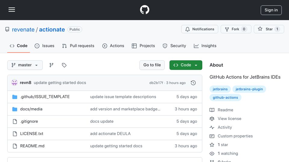 Screenshot of github.com: Show HN: Actionate – GitHub Actions for JetBrains IDEs