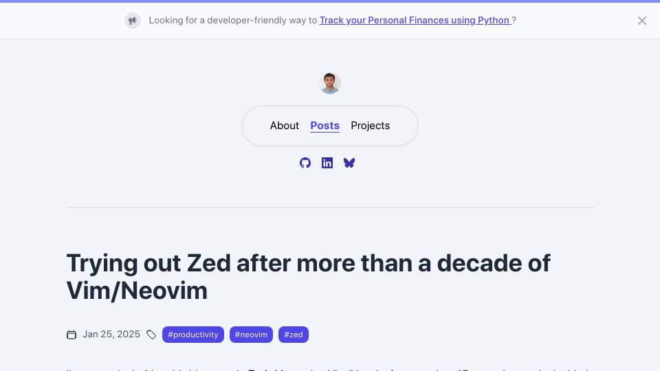 Screenshot of sgoel.dev: Trying out Zed after more than a decade of Vim/Neovim