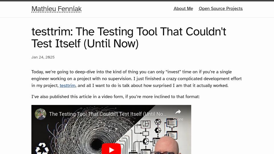 Screenshot of mathieu.fenniak.net: Testtrim: A testing tool that couldn't test itself (until now)