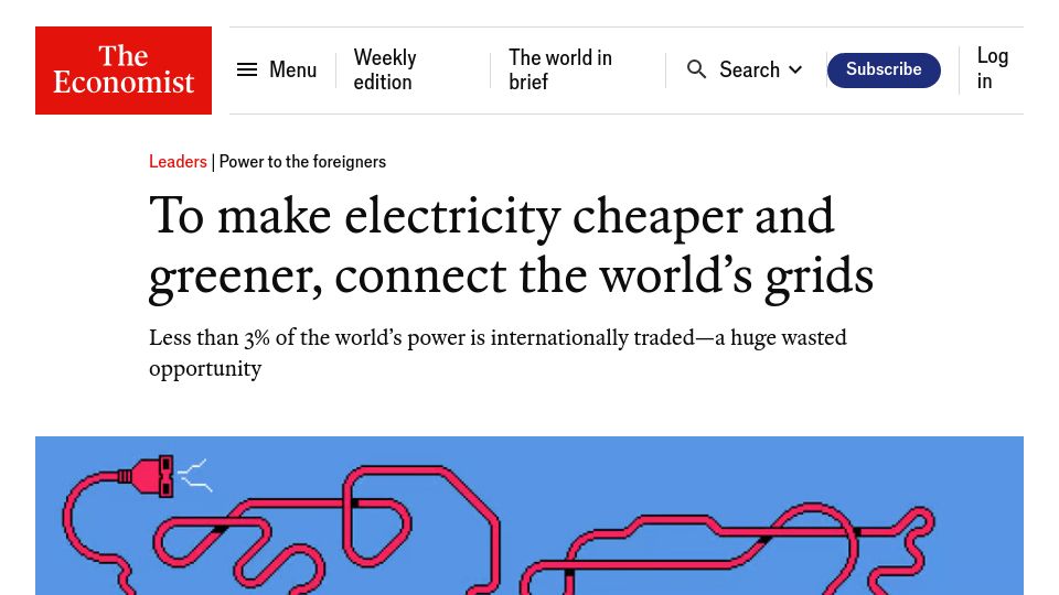 Screenshot of economist.com: To make electricity cheaper and greener, connect the world's grids