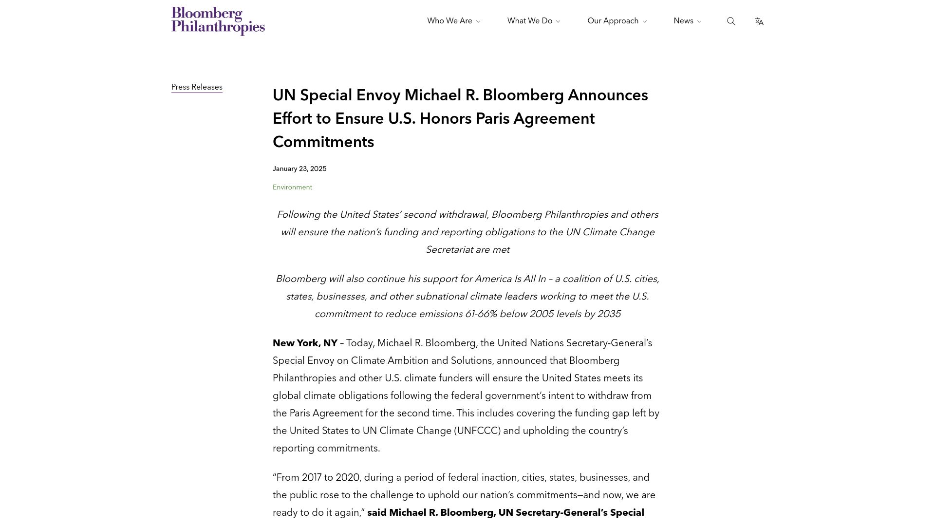 Screenshot of bloomberg.org: Bloomberg Announces Effort to Ensure U.S. Honors Paris Agreement Commitments