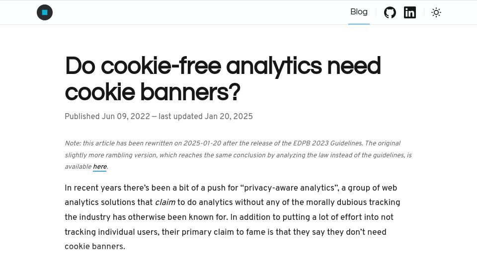 Screenshot of jfagerberg.me: Do cookie-free analytics need cookie banners?
