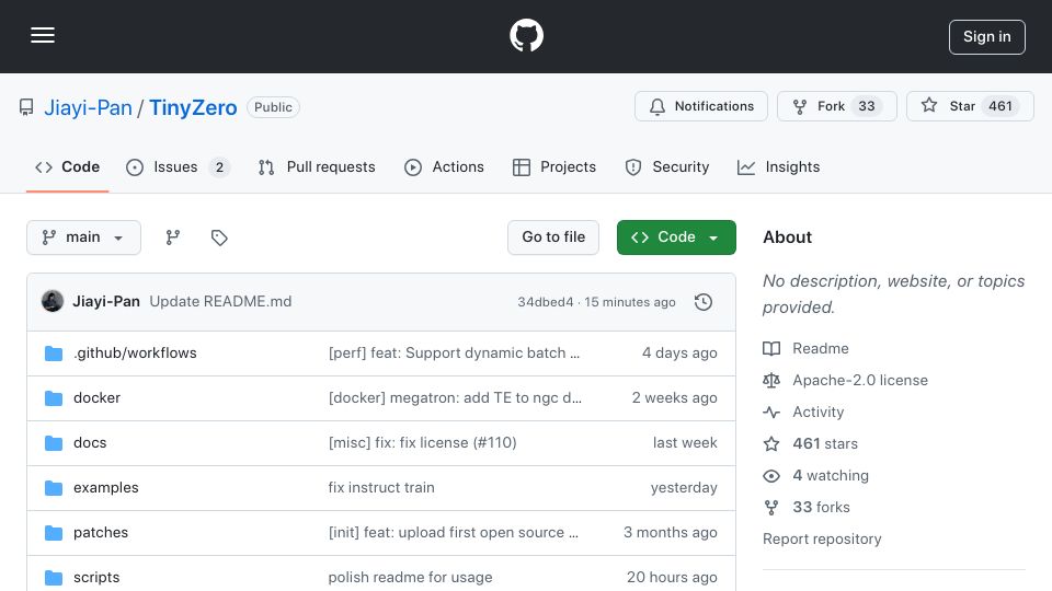 Screenshot of github.com: TinyZero