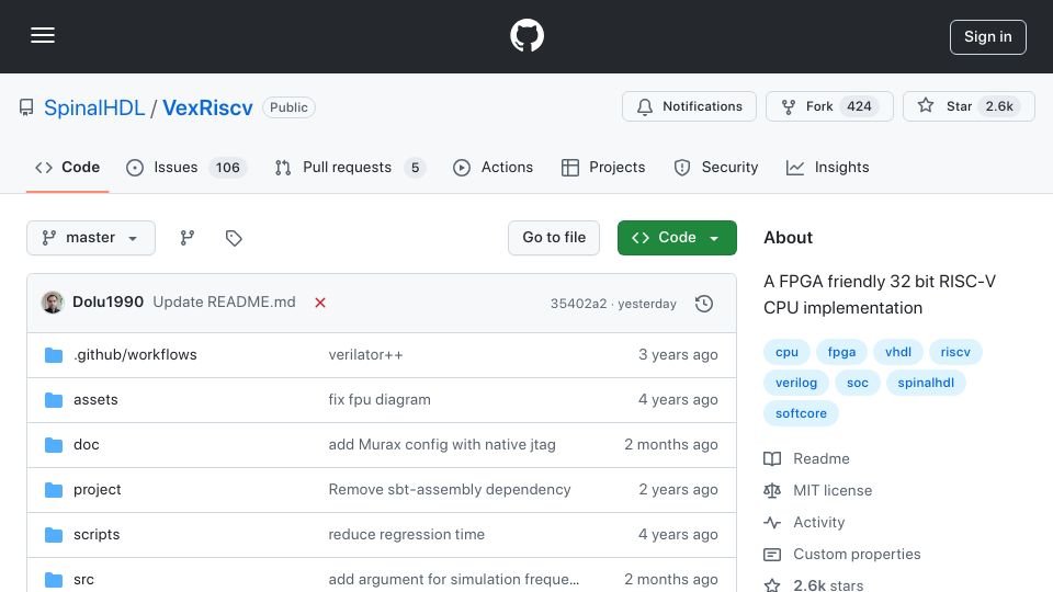 Screenshot of github.com: A FPGA friendly 32 bit RISC-V CPU implementation