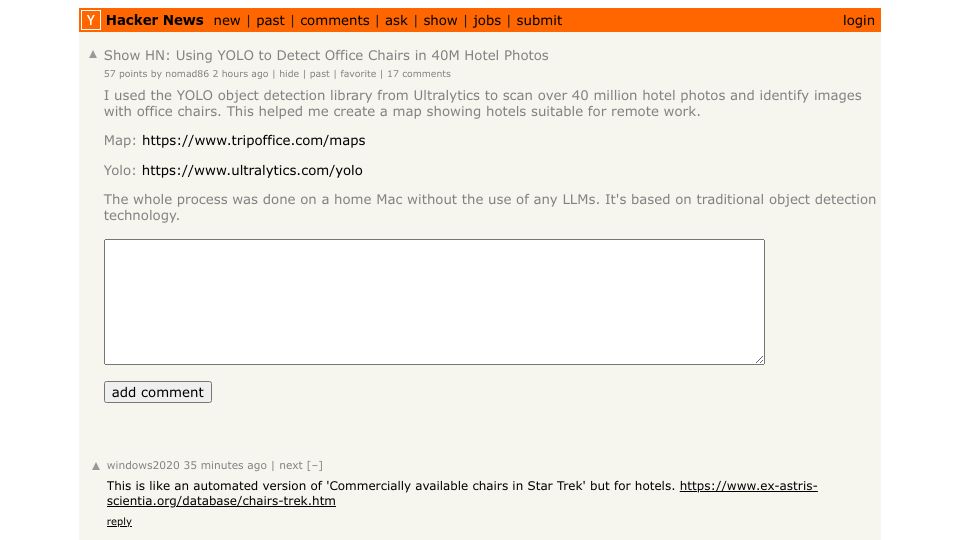 Screenshot of Hacker News post: Show HN: Using YOLO to Detect Office Chairs in 40M Hotel Photos