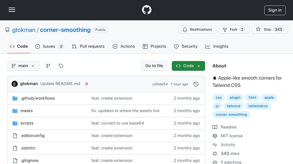 Screenshot of github.com: Show HN: Apple-like smooth corners for Tailwind CSS