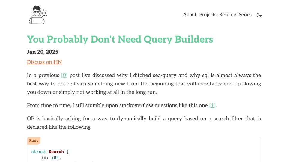 Screenshot of mattrighetti.com: You probably don't need query builders