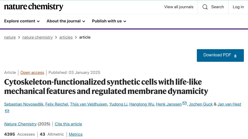 Screenshot of nature.com: Cytoskeleton-functionalized synthetic cells with life-like mechanical features