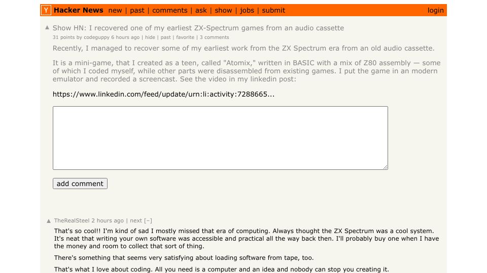 Screenshot of Hacker News post: Show HN: I recovered one of my earliest ZX-Spectrum games from an audio cassette