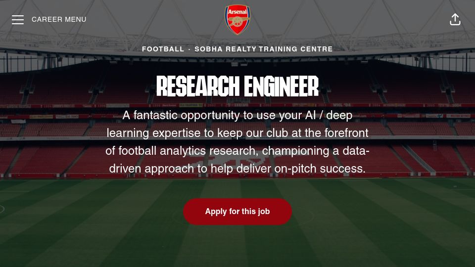 Screenshot of careers.arsenal.com: Arsenal FC AI Research Engineer job posting