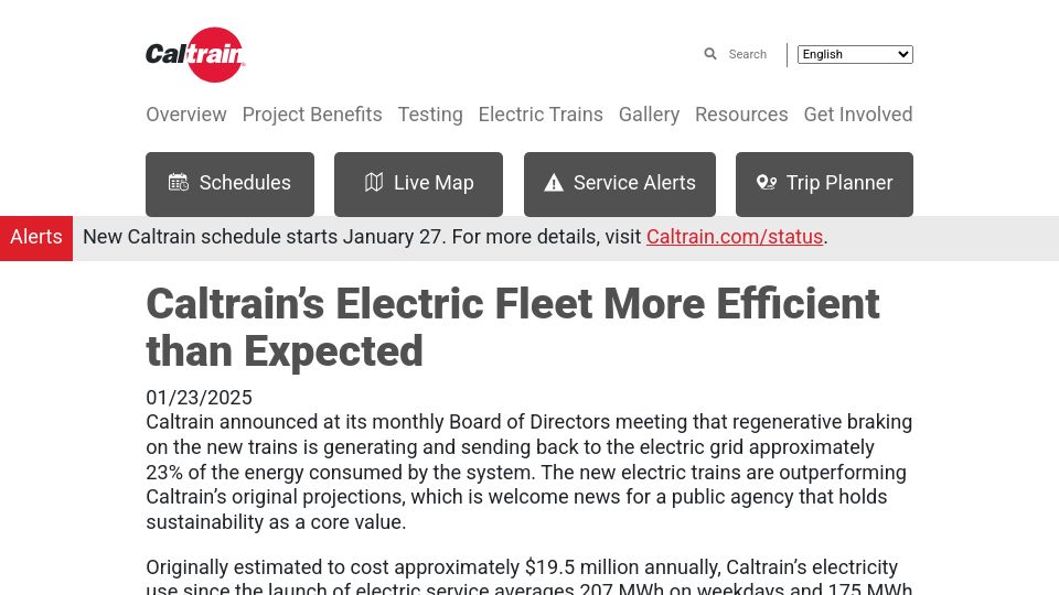 Screenshot of caltrain.com: Caltrain's electric fleet more efficient than expected