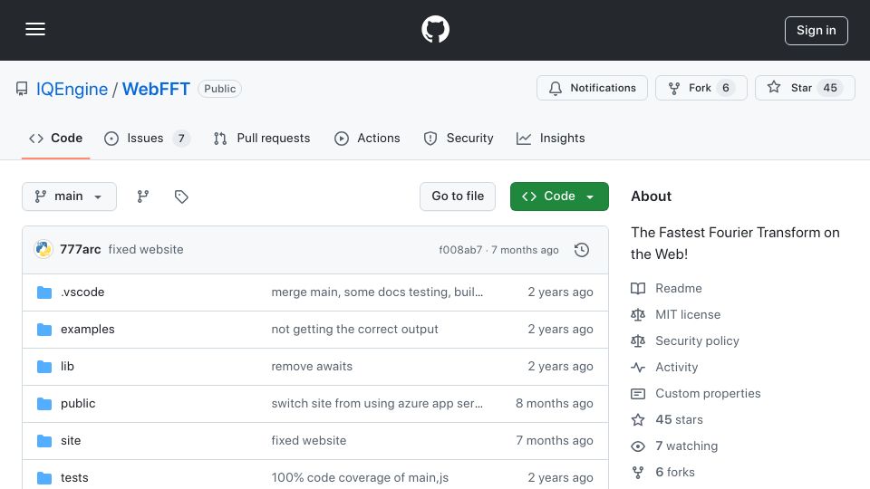 Screenshot of github.com: WebFFT – The Fastest Fourier Transform on the Web