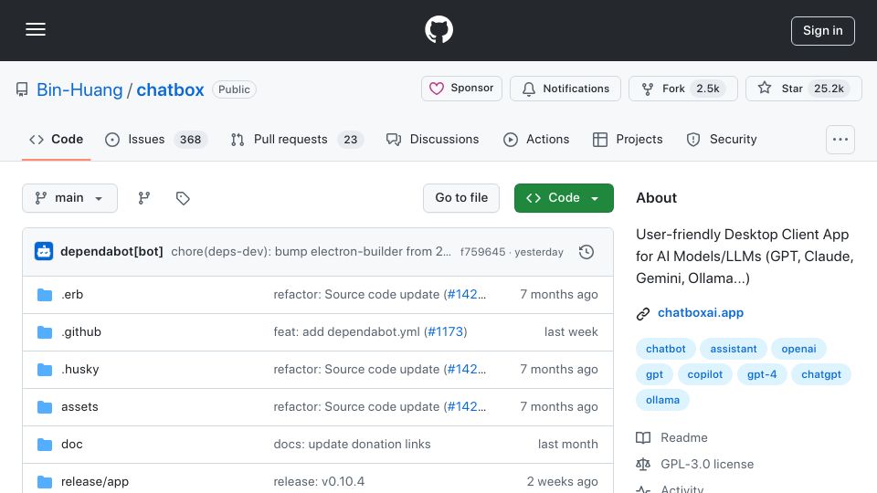 Screenshot of github.com: Chatbox: Cross-platform desktop client for ChatGPT, Claude and other LLMs