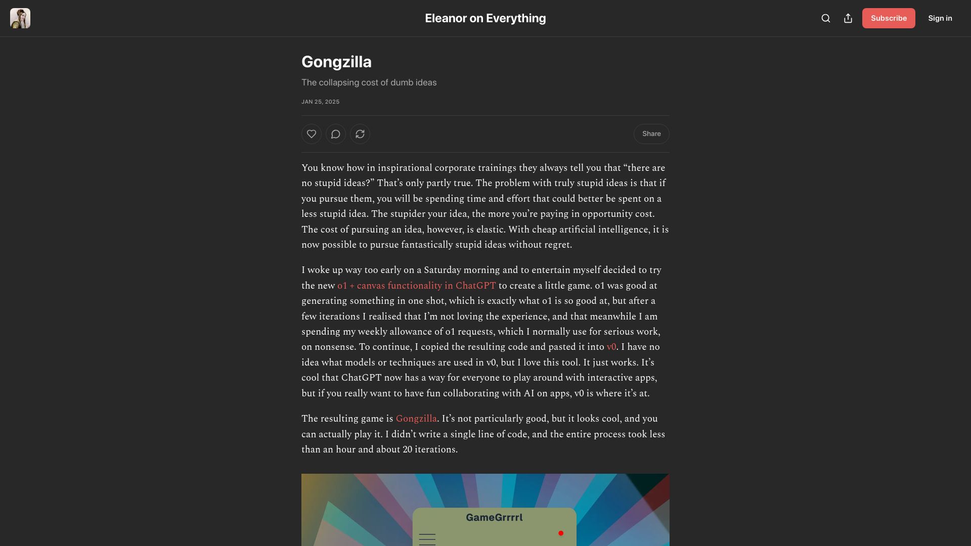 Screenshot of everything.intellectronica.net: Gongzilla: The collapsing cost of dumb ideas