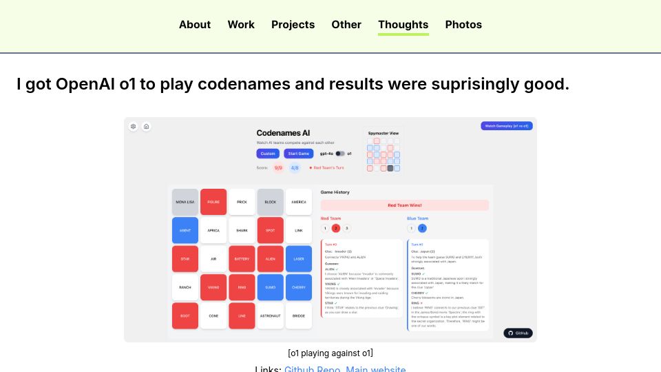 Screenshot of suveenellawela.com: OpenAI's o1 Playing Codenames