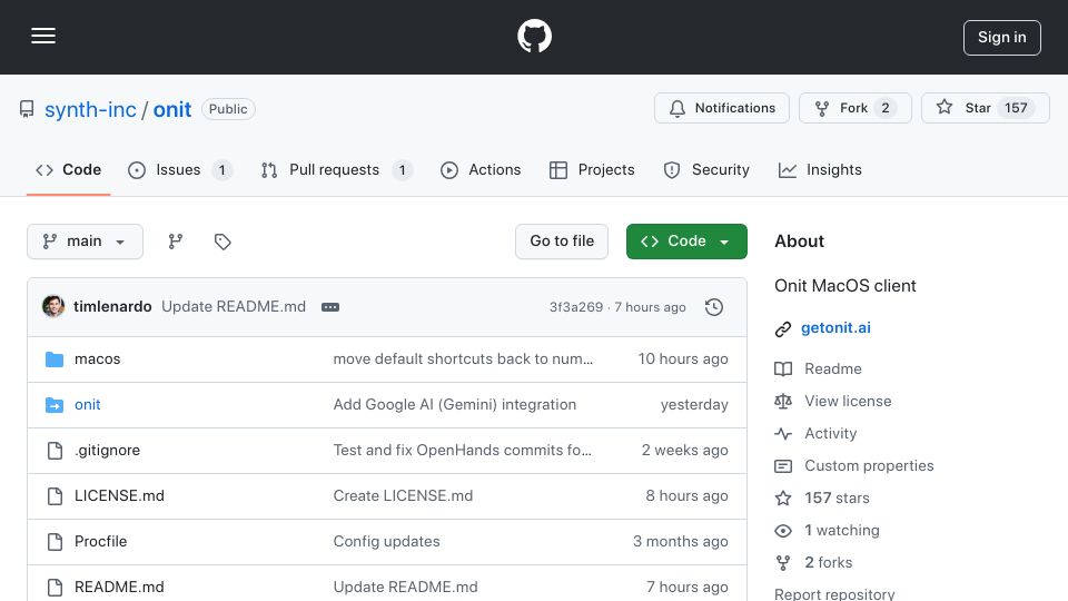 Screenshot of github.com: Show HN: Onit – open-source ChatGPT Desktop with local mode, Claude, Gemini