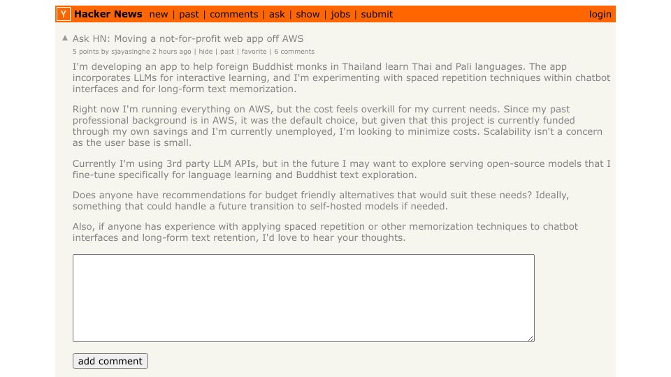 Screenshot of Hacker News post: Ask HN: Moving a not-for-profit web app off AWS