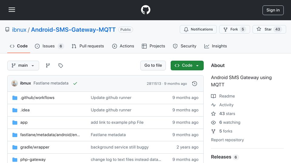 Screenshot of github.com: Android SMS Gateway Using MQTT