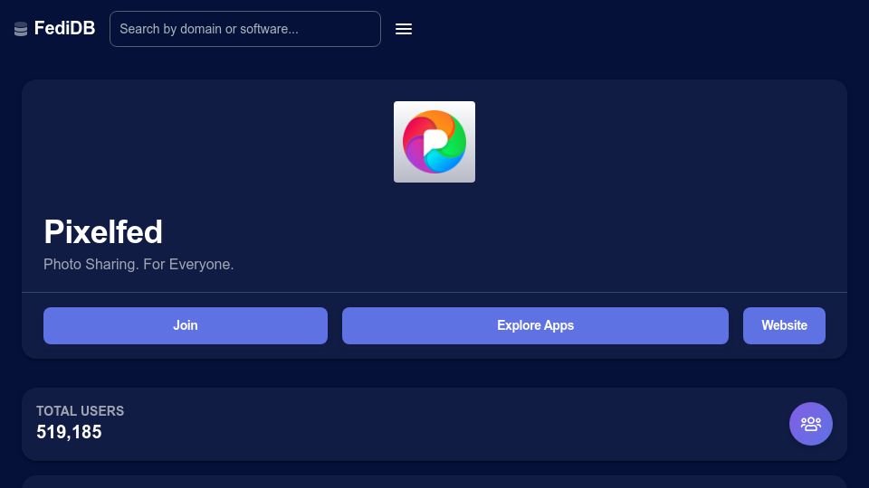 Screenshot of fedidb.org: Pixelfed Hit 500K Users