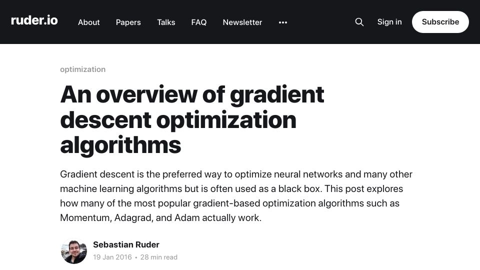 Screenshot of ruder.io: An overview of gradient descent optimization algorithms (2016)