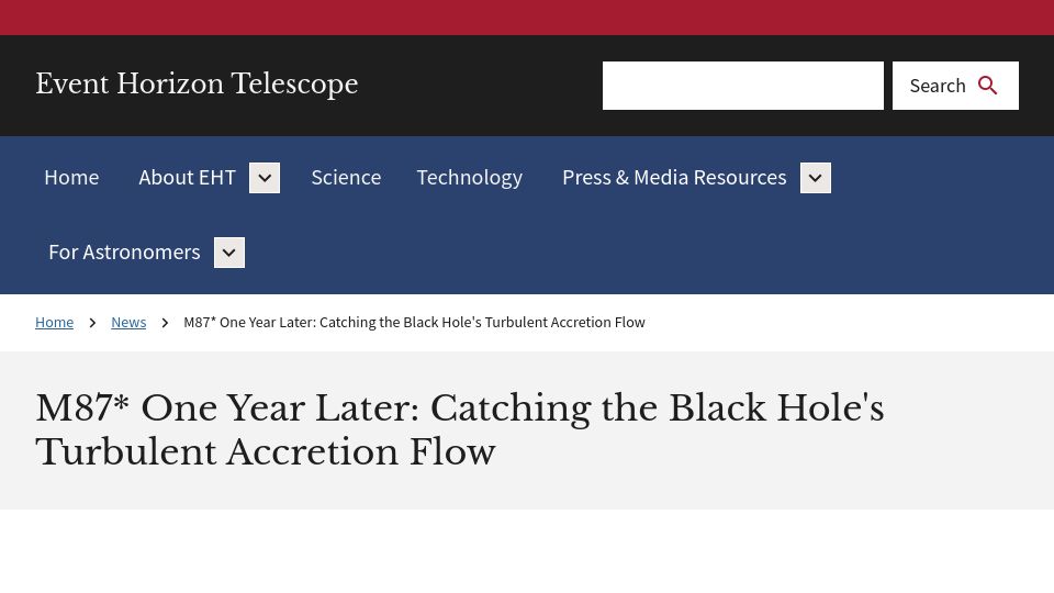 Screenshot of eventhorizontelescope.org: M87* One Year Later: Catching the Black Hole's Turbulent Accretion Flow