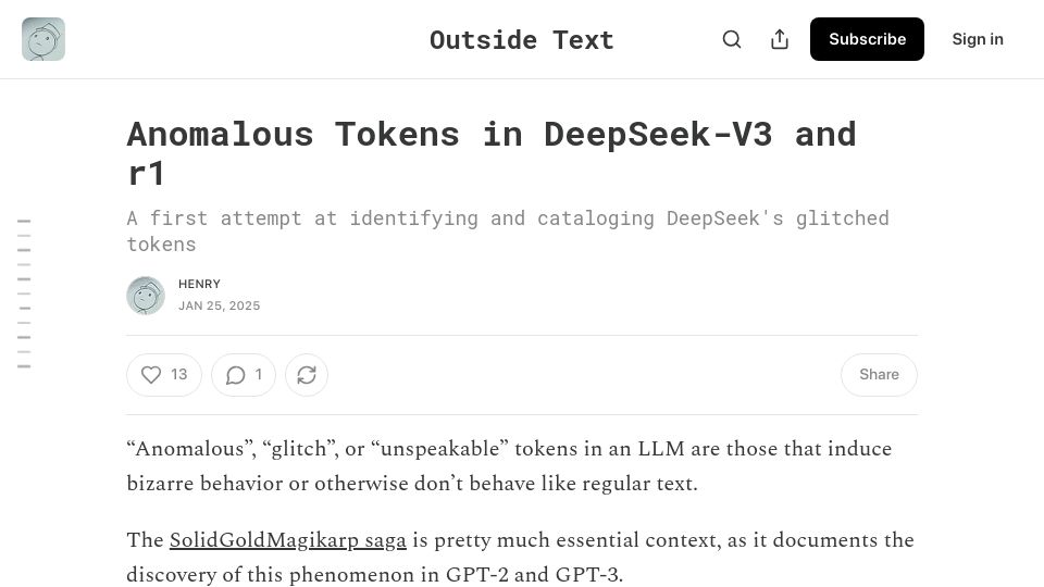 Screenshot of outsidetext.substack.com: Searching for DeepSeek's glitch tokens