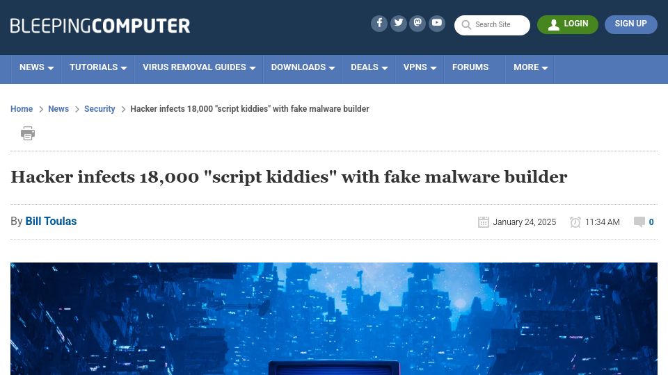 Screenshot of bleepingcomputer.com: Hacker infects 18,000 "script kiddies" with fake malware builder