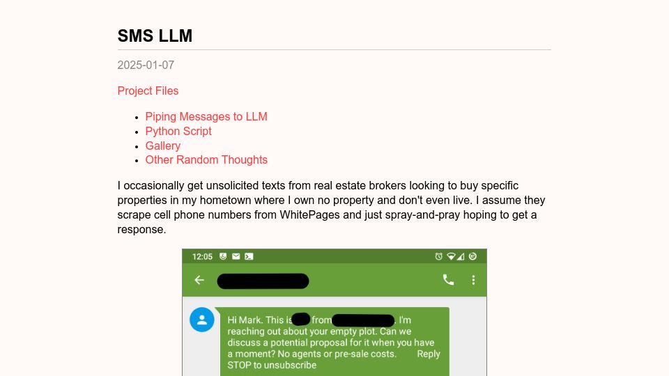 Screenshot of evan.widloski.com: Show HN: Trolling SMS spammers with Ollama
