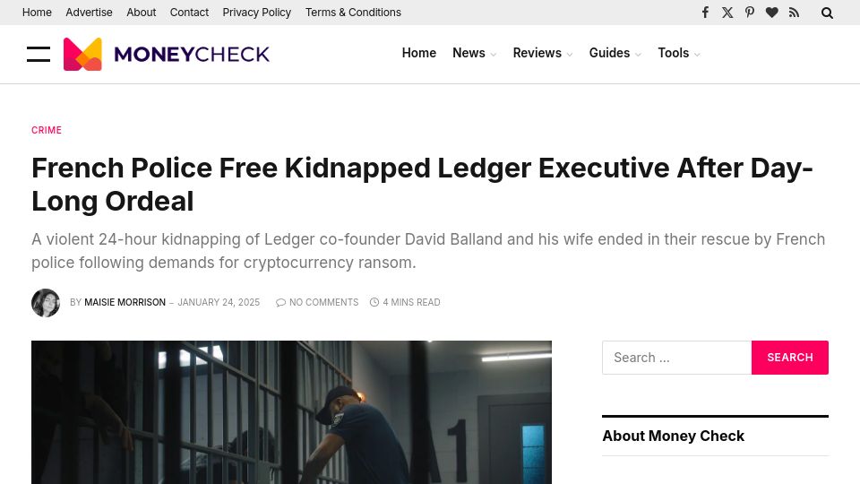 Screenshot of moneycheck.com: French police free kidnapped Ledger executive