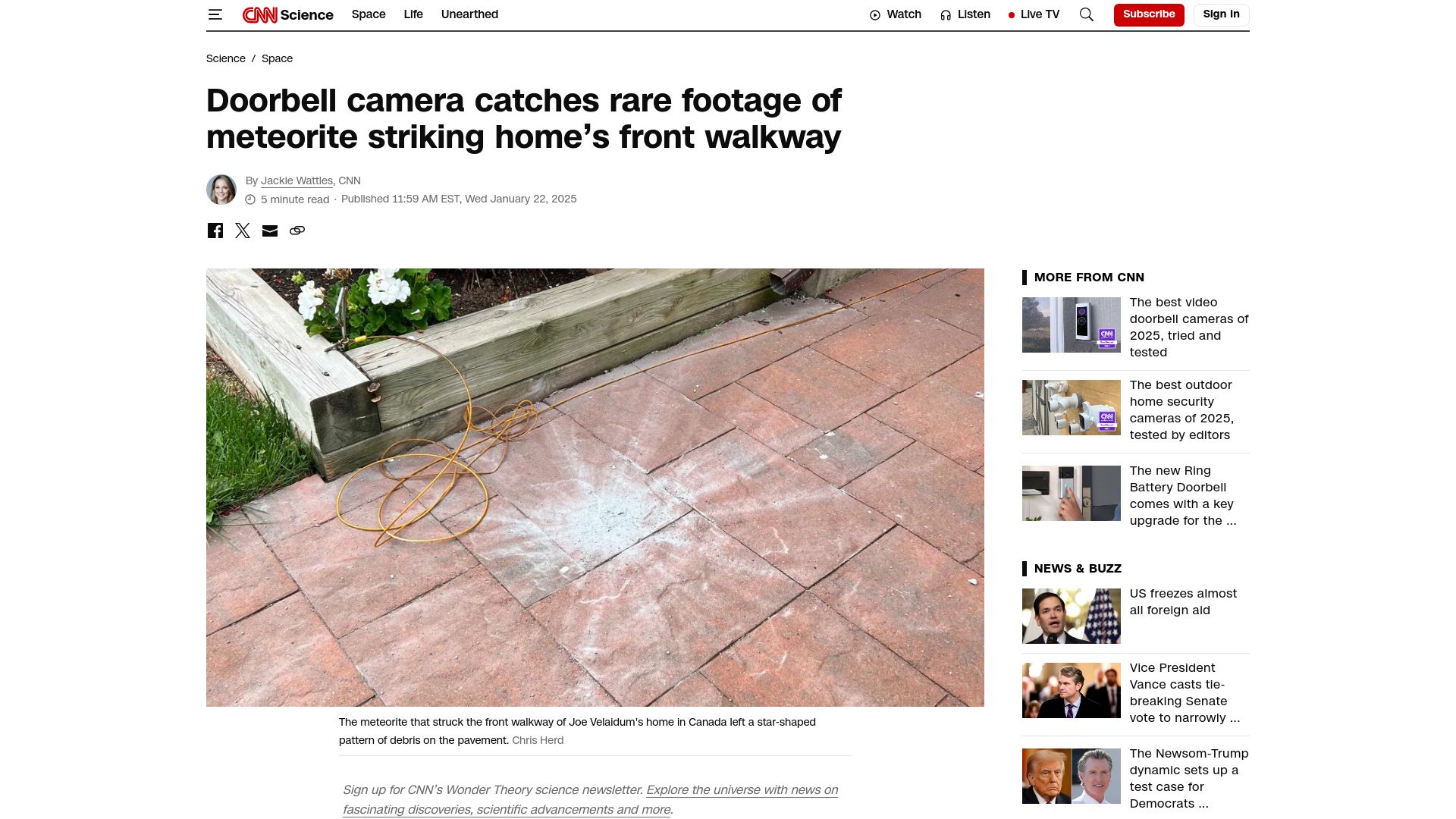 Screenshot of cnn.com: Doorbell camera catches rare footage of meteorite striking home's front walkway