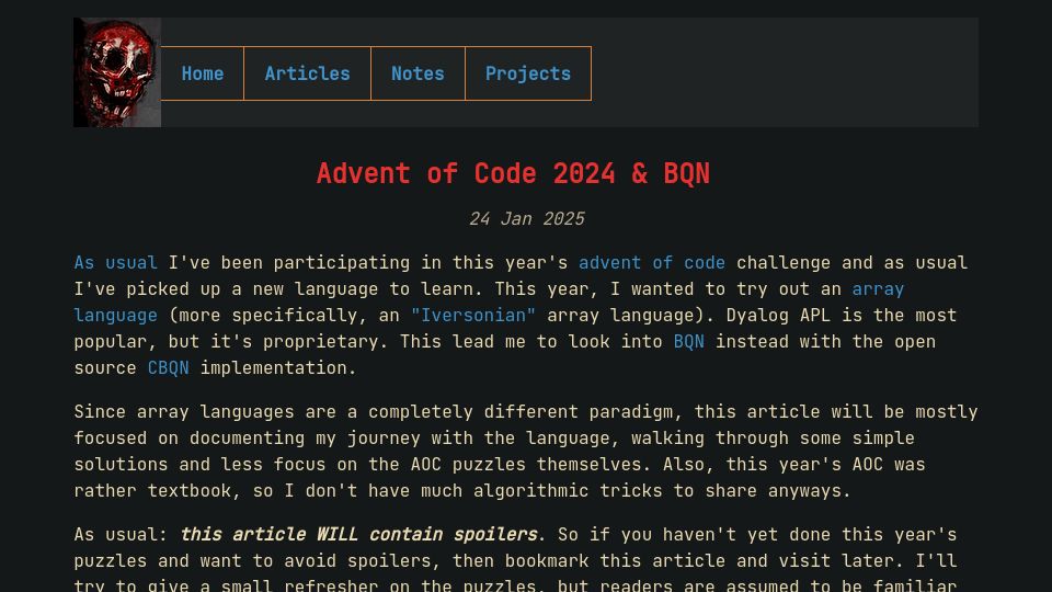 Screenshot of nrk.neocities.org: Advent of Code 2024 and BQN