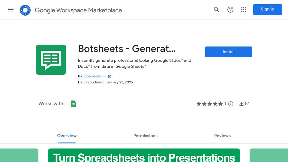 Screenshot of workspace.google.com: Show HN: I made an extension that turns Google Sheets into Google Slides