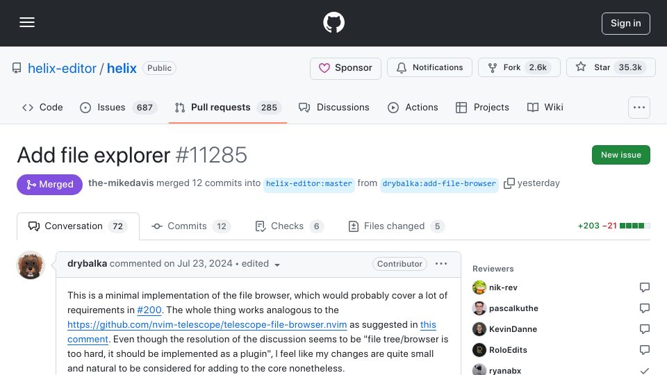 Screenshot of github.com: File Explorer is merged to Helix editor