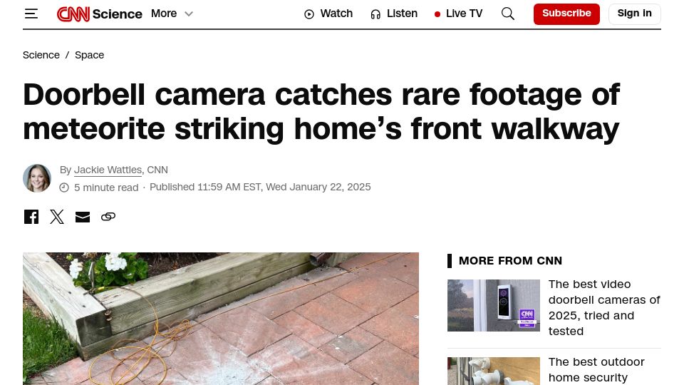 Screenshot of cnn.com: Doorbell camera catches rare footage of meteorite striking home's front walkway