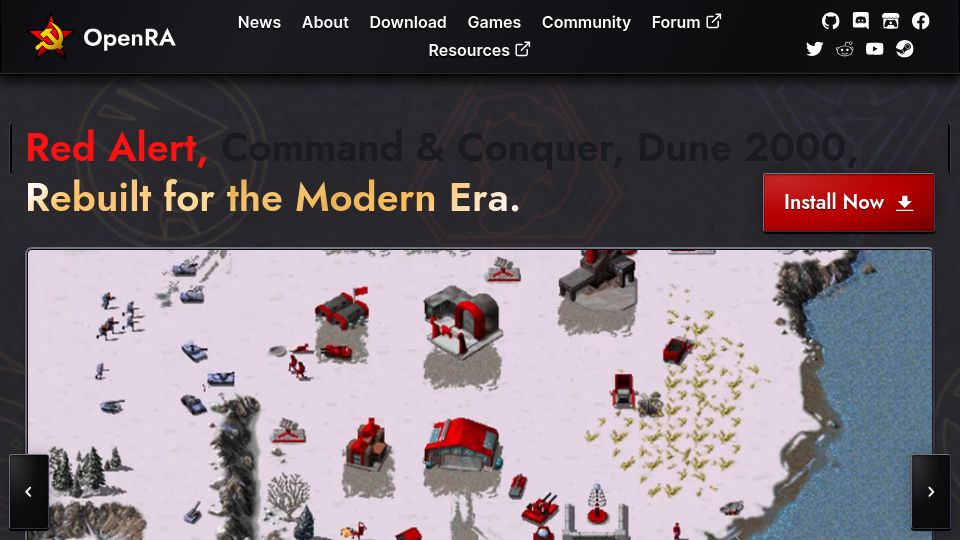 Screenshot of openra.net: OpenRA – Classic strategy games rebuilt for the modern era