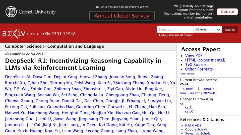 Screenshot of arxiv.org: DeepSeek-R1: Incentivizing Reasoning Capability in LLMs via RL