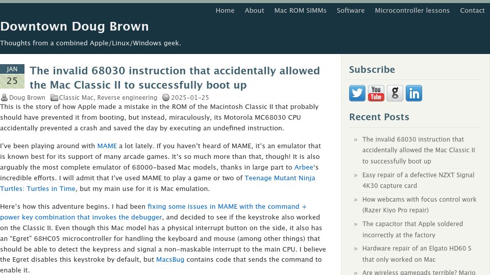 Screenshot of downtowndougbrown.com: An invalid 68030 instruction accidentally allowed the Mac Classic II to boot
