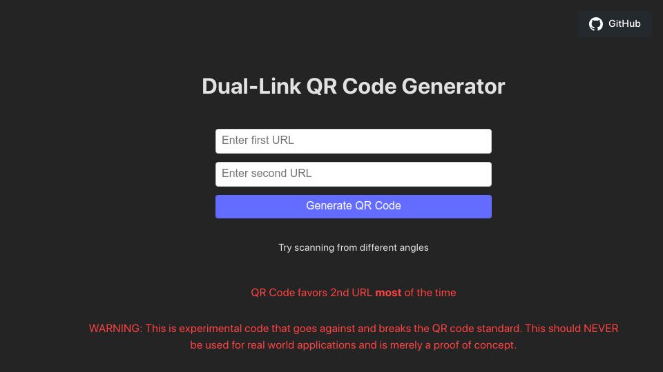 Screenshot of dualqrcode.com: Dual-Link QR Code Generator