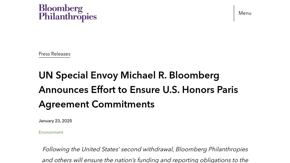 Screenshot of bloomberg.org: Bloomberg Announces Effort to Ensure U.S. Honors Paris Agreement Commitments