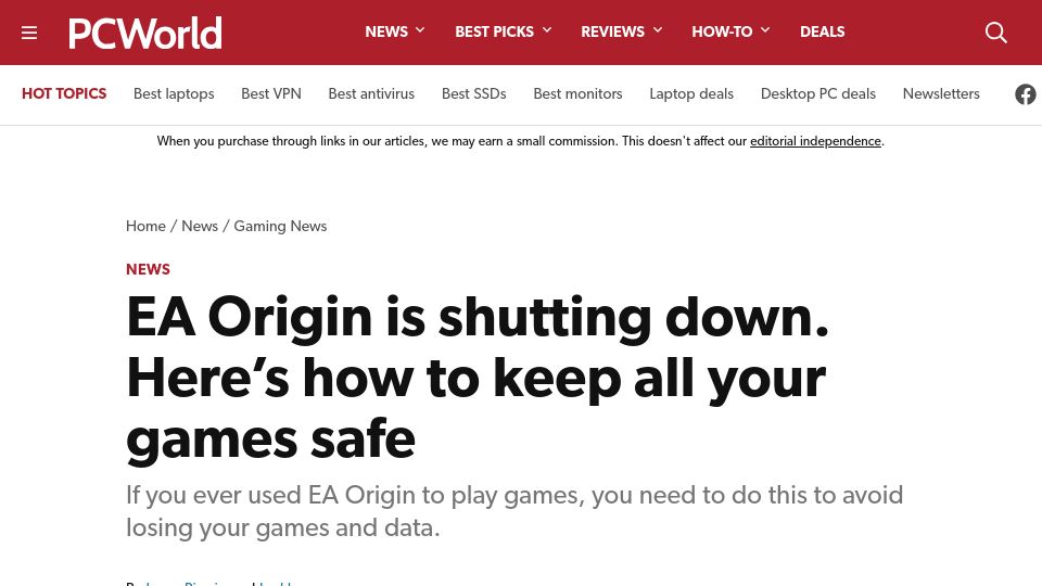 Screenshot of pcworld.com: EA Origin is shutting down