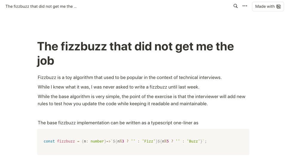 Screenshot of kranga.notion.site: The FizzBuzz that did not get me the job