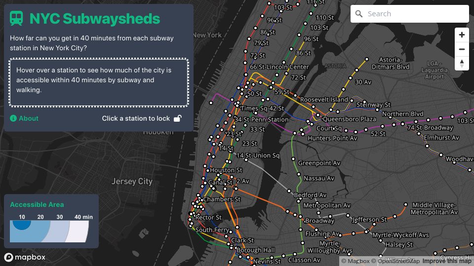 Screenshot of subwaysheds.com: How far can you get in 40 minutes from each subway station in NYC?