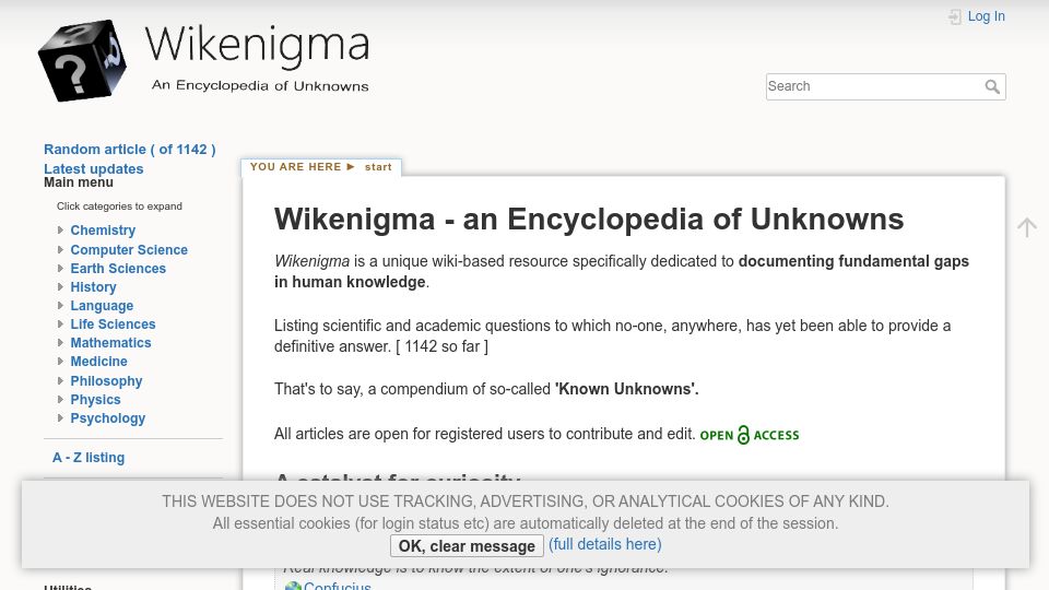 Screenshot of wikenigma.org.uk: Wikenigma – an Encyclopedia of Unknowns