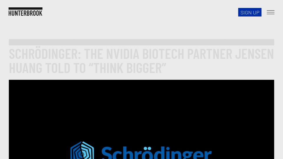 Screenshot of hntrbrk.com: Schrödinger: The Nvidia biotech partner Jensen Huang told to "think bigger"