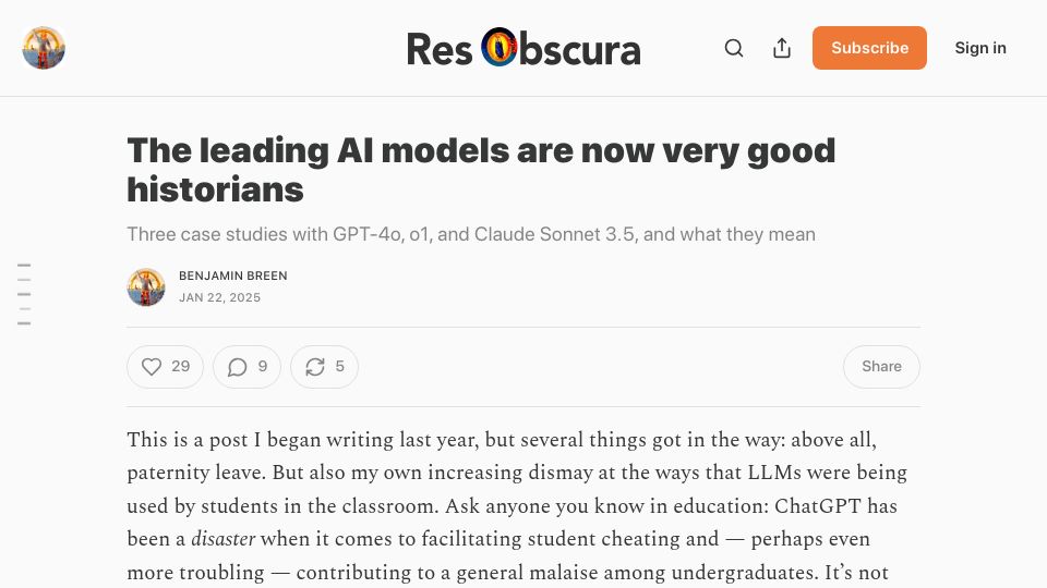 Screenshot of resobscura.substack.com: Using generative AI as part of historical research: three case studies