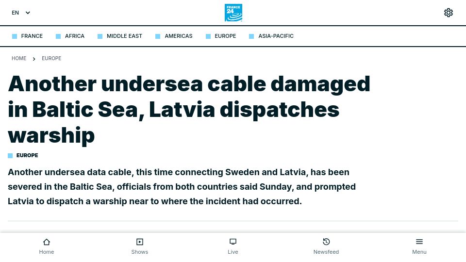 Screenshot of france24.com: Another undersea cable damaged in Baltic Sea