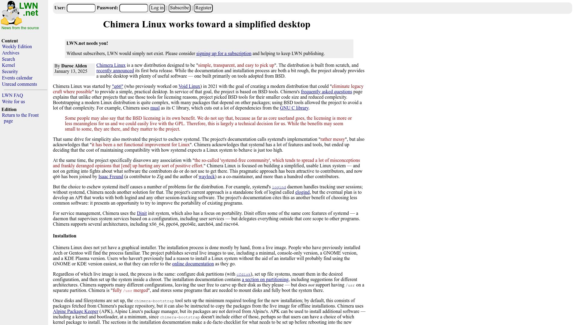 Screenshot of lwn.net: Chimera Linux works toward a simplified desktop
